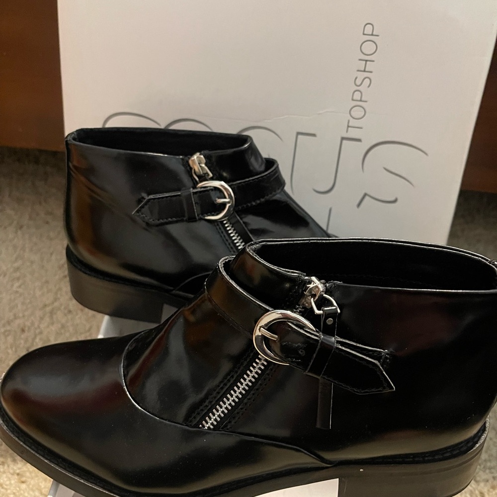 Topshop Glossy Black Ankle Booties with Buckle